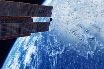A space satellite above the Earth's surface. Elements of this image furnished NASA.