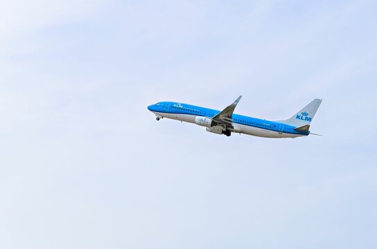 KLM Boeing 737 plane taking off from Barcelona airport
