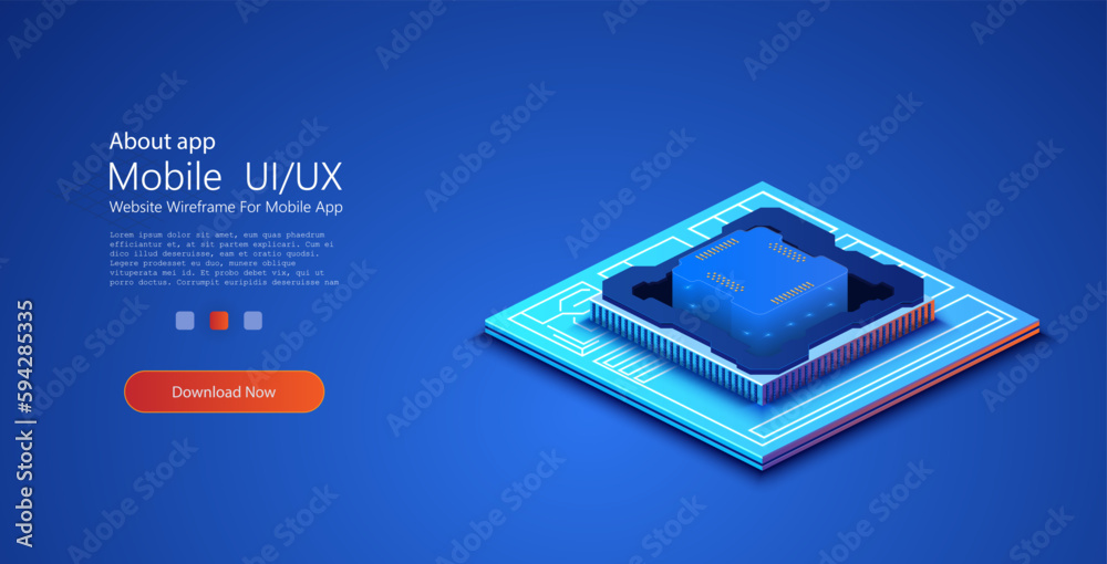 Poster futuristic microchip processor with lights on the blue background. quantum computer, large data proc