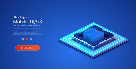 	
Futuristic microchip processor with lights on the blue background. Quantum computer, large data processing, database concept. CPU isometric banner. Central Computer Processors CPU concept