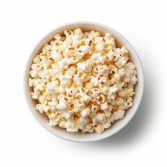 Popocorn on white bowl, isolated on white background. Top view.