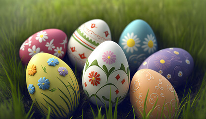 A collection of painted easter eggs celebrating a Happy Easter on a spring day