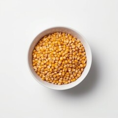 Corn grain on white bowl, isolated on white background. Top view. Ingredient, recipe, food.