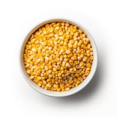 Corn grain on white bowl, isolated on white background. Top view. Ingredient, recipe, food.