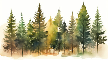 Watercolor pine tree forest. Generative AI.