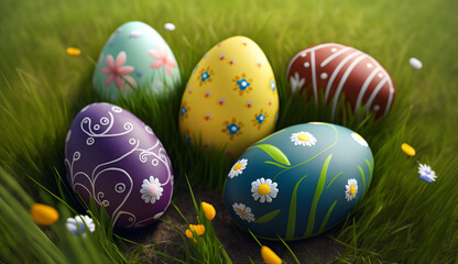 A collection of painted easter eggs celebrating a Happy Easter on a spring day