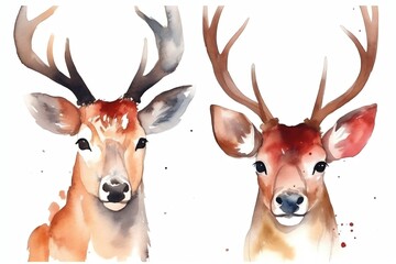 Christmas reindeer faces on white background. Watercolor illustration. Christmas holiday. Generative AI