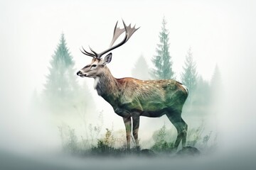 Deer and green forest double exposure. Christmas holiday. Generative AI