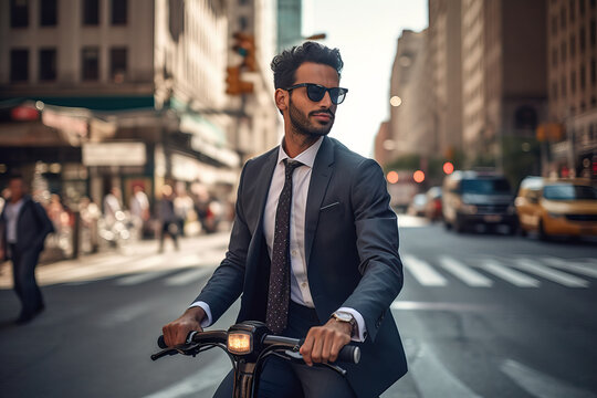 Eco-conscious businessman commuting on an electric scooter