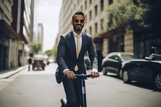 Eco-conscious businessman commuting on an electric scooter