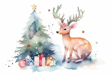 Watercolor Deer With Christmas Tree And Socks. Christmas Eve. Generative AI