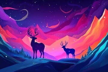 Wild Christmas reindeer under a starry neon sky in the mountains. Winter night illustration. Christmas holiday. Generative AI