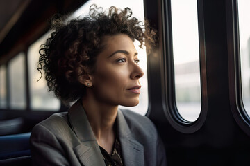 Fototapeta na wymiar A fictional person. Confident Businesswoman Commuting on a Busy Train