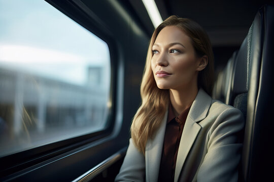 A fictional person. Confident Businesswoman Commuting on a Busy Train