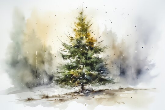 Watercolor Painting Of A Christmas Tree. Christmas Eve. Generative AI