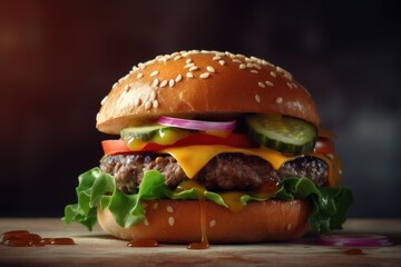 Beef burger with meat pattie, tomato, cucumber, cheese, red onion, lettuce on bun with sesame seeds