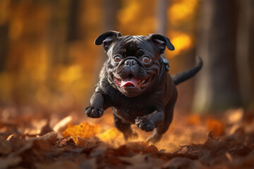 Young cute black pug running fast through the dry orange foliage in the forest in autumn