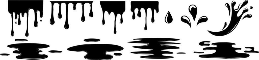 Splashes of water black icon set. Fresh drop isolated black set icon. Liquid elements, cry droplet icons set. PNG image