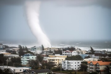 tsunami tidal wave crashing a coastal town. Generative Ai.