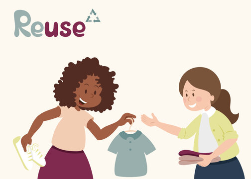 Reuse poster. One woman gives clothes to other woman. Second hand and flea market. Resale and recycle. Sustainability and eco concept. Vector flat illustration 
