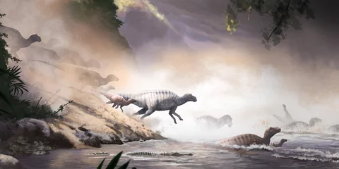 Selbstklebende Fototapete Dinosaurier Maiasaura Crossing River