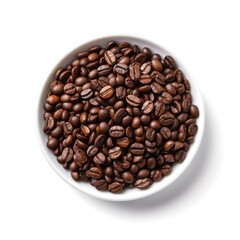 Fototapeta premium Roasted coffee beans dark on white bowl, isolated on white background. Top view. Ingredient, recipe, dessert, drink, coffee.