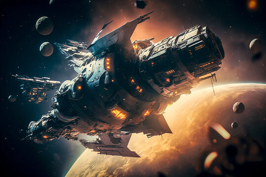 Spaceship Action. Generative AI.
A digital painting of spaceships, planets, and asteroids.