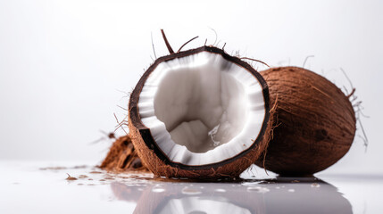 Noix de coco, coupée en deux sur fond blanc