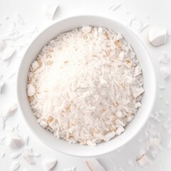 Coconut flakes on white bowl, isolated on white background. Top view. Ingredient, recipe, dessert.