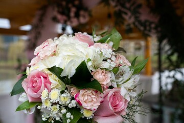 Decorated colorful bouquet flowers with gray background