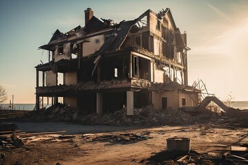 A Large House That Is Being Demolished By The Ocean Side With A Crane Beach House Documentary Photography Home Insurance Generative AI