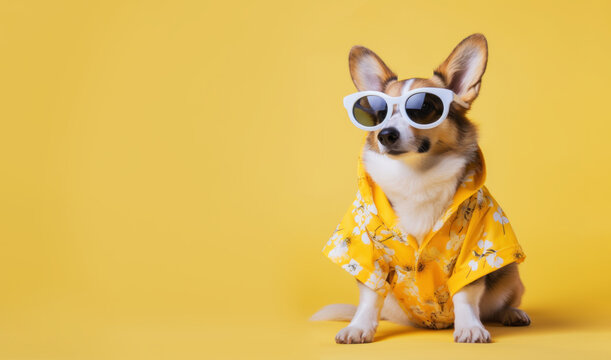 Summer corgi dog wearing yellow sunglasses and neckerchief, looking at blank empty copy space, over yellow background. AI generative