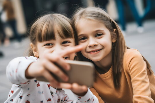 two young girls taking a selfie with a phone, made with generative ai