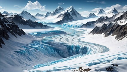 Fantasy planet. Mountain landscape with glacier. 3D illustration