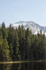 beautiful view on wild lake and snow mountains