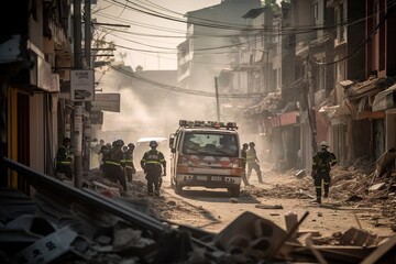 Fototapeta na wymiar Men-savior removing pieces of broken building after earthquake. Generative Ai