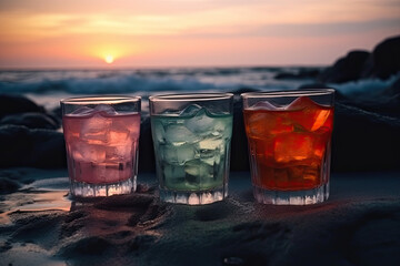 Illustration of  colorful drinks on the beach in summer. Generative Ai.