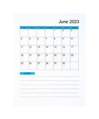 The Vertical of June 2023 Calendar page for 2023 year isolated on white background, Saved clipping path.