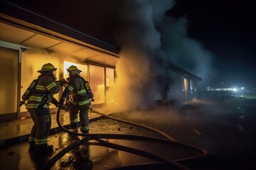 Obraz premium Firefighters spraying down fire. Generative Ai