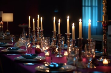 Festive event table for wedding, corporate event, wedding birthday. Luxury decoration with candles and flowers. 