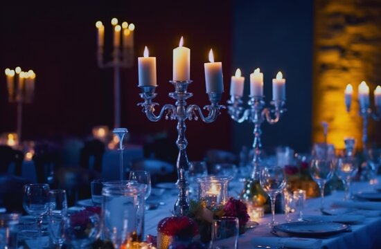 Festive event table for wedding, corporate event, wedding birthday. Luxury decoration with candles and flowers. 