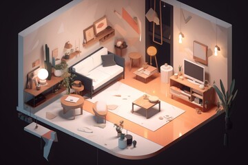 Generative AI illustration of comfy living room from the year 2050, Scandinavian Japanese sci-fi design