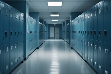 Single open empty blue metal locker along a nondescript hallway in a typical US High School.  No identifiable information included and nobody in the hall. Generative AI