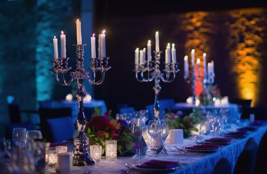 Festive event table for wedding, corporate event, wedding birthday. Luxury decoration with candles and flowers. 
