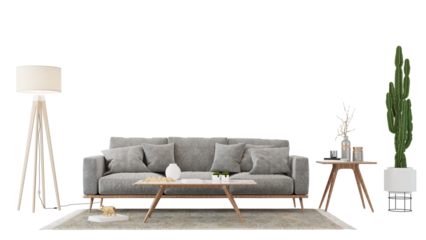 Interior furniture set 3D render. Living room house floor template background mockup design , isolated on transparent background