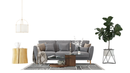 Interior furniture set 3D render. Living room house floor template background mockup design , isolated on transparent background