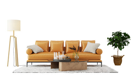 Interior furniture set 3D render. Living room house floor template background mockup design , isolated on transparent background
