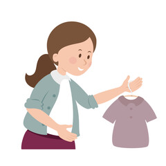 Obraz premium Woman holds cloth on hanger. Sales and shopping collection. Second hand and flea market. Reuse and recycle. Sustainability and eco concept. Vector flat illustration 