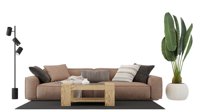 Interior furniture set 3D render. Living room house floor template background mockup design , isolated on transparent background