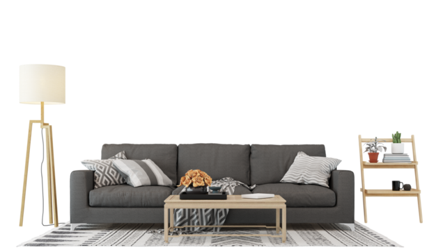 Interior furniture set 3D render. Living room house floor template background mockup design , isolated on transparent background